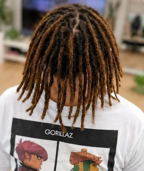 Dreads castaños con punta redondeada, vistos desde atrás
